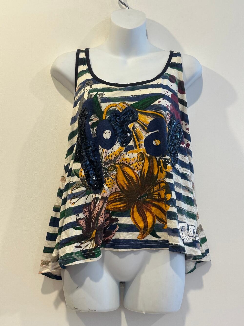 Desigual Vintage Y2K Striped Floral Sequin Bow Racerback Swing Tank Top M